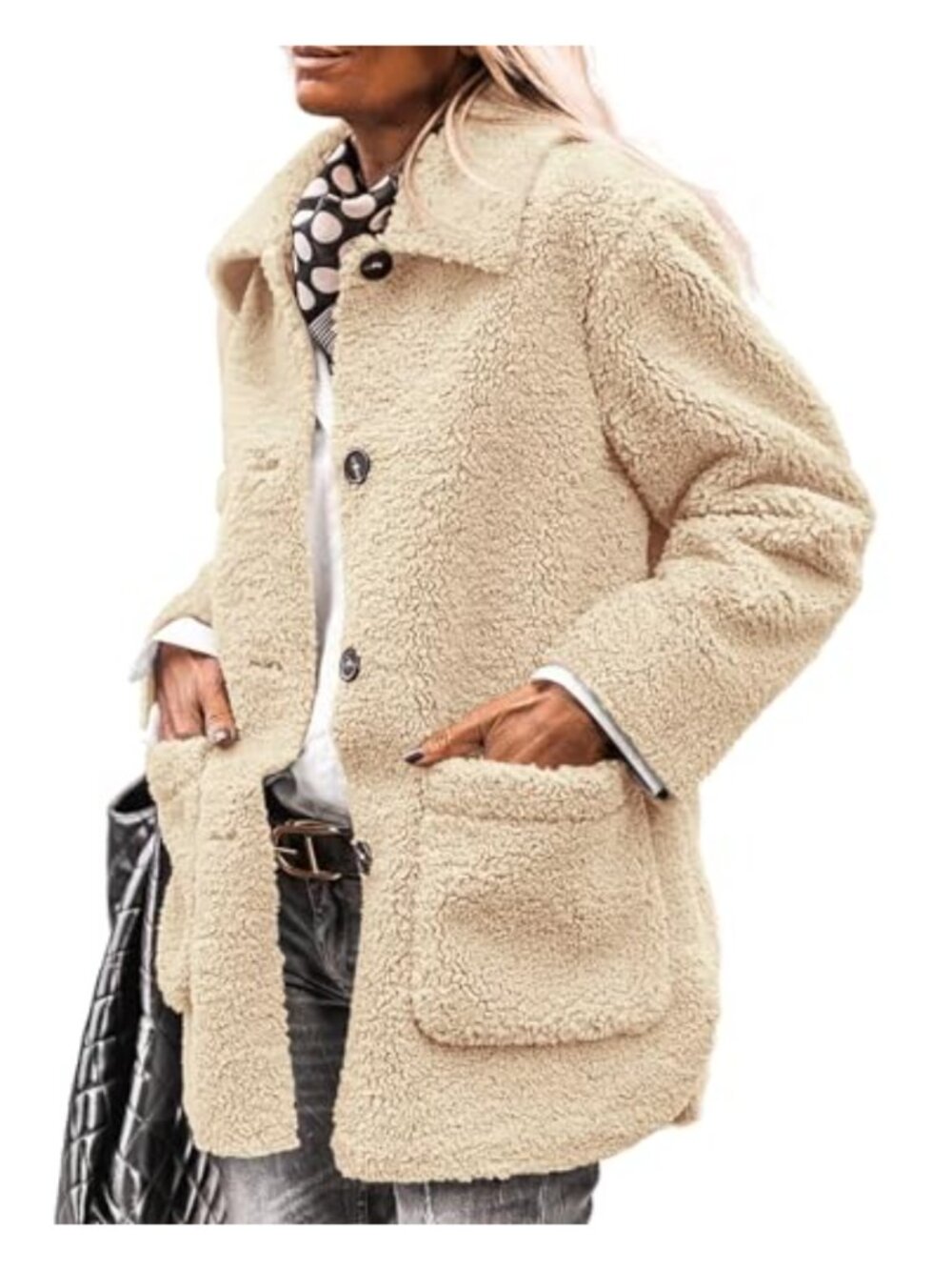 Faux Fur Coat Button Down Lapel Collar Winter Warm Outerwear